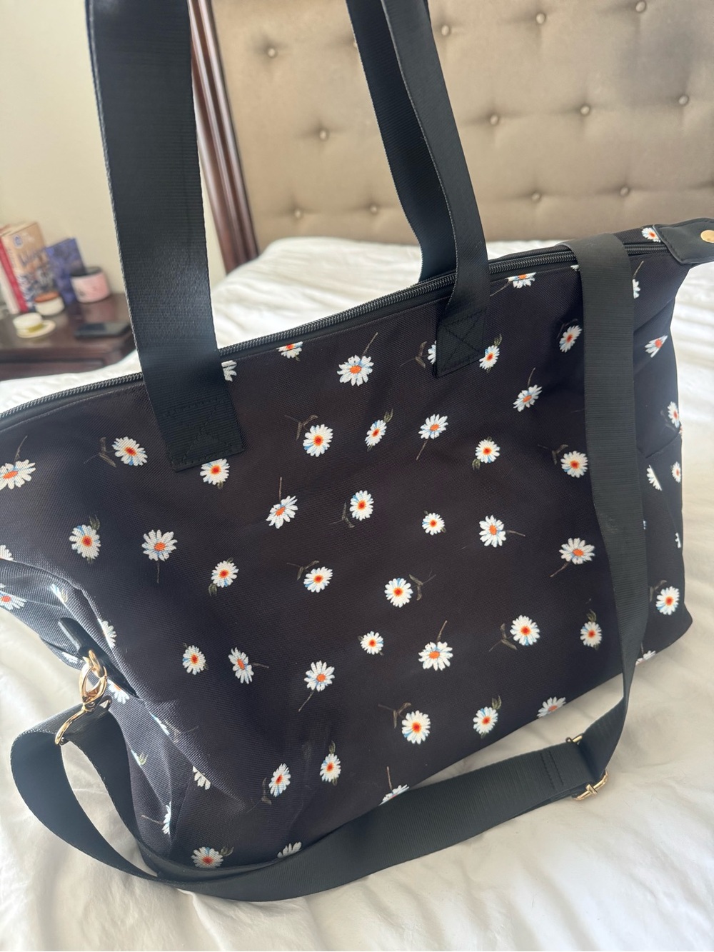 Black Daisy Print Overnight Bag